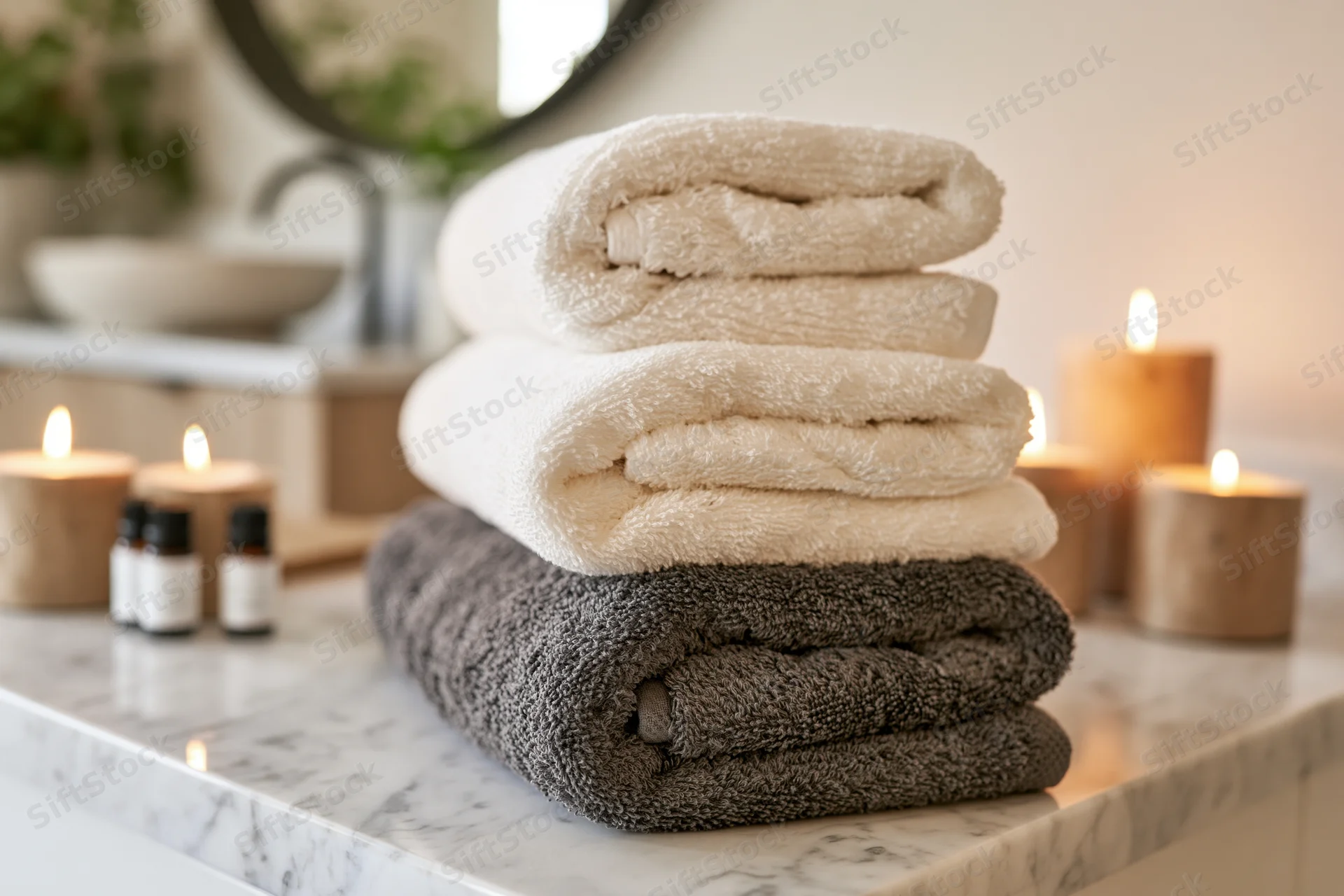 Folded white and grey spa towels stacked on a marble countertop with lit candles and essential oil bottles nearby