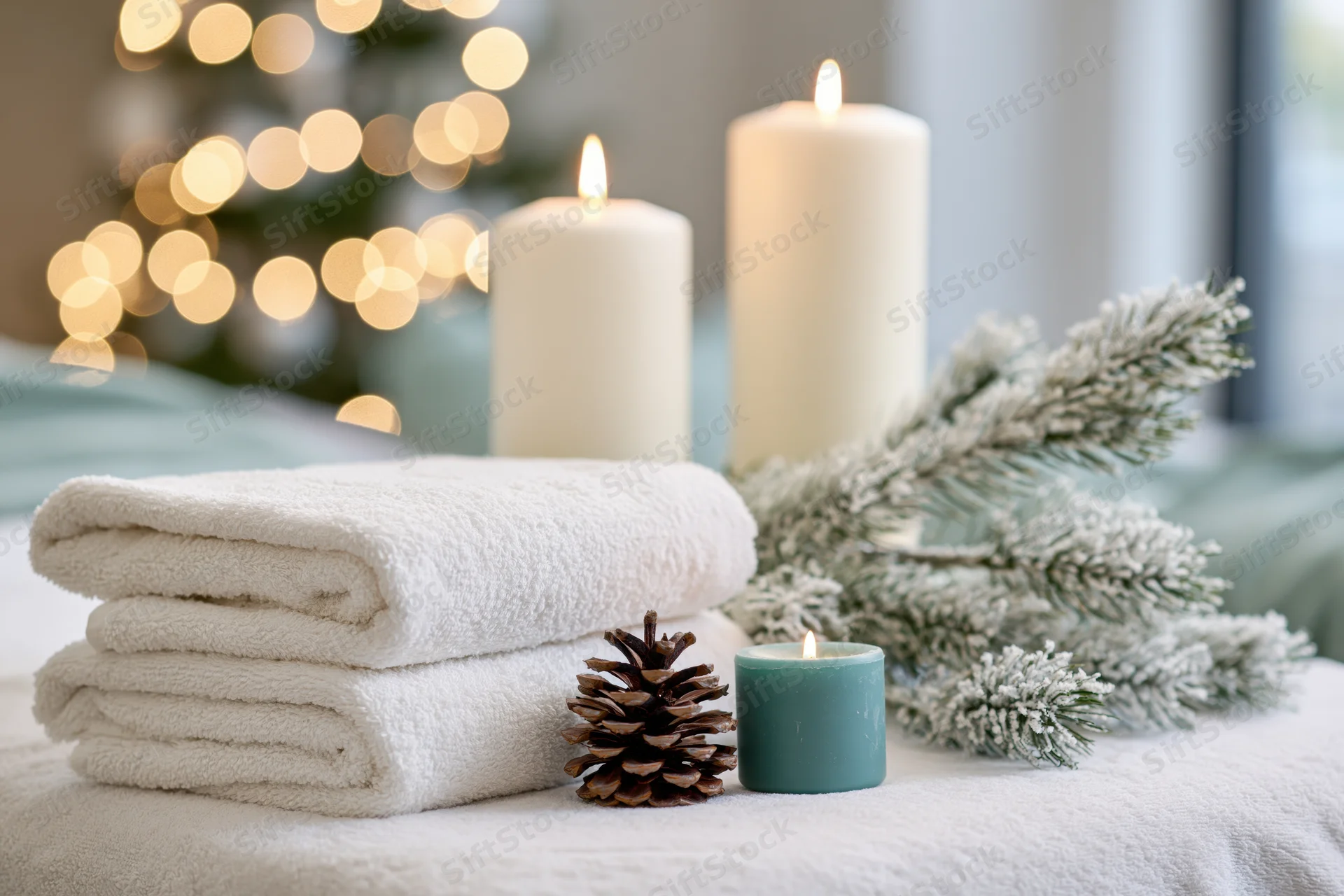 Folded white spa towels stacked beside lit candles and snowy pine branches on a soft surface with blurred holiday lights in the background