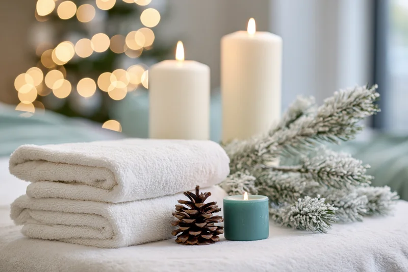 Folded white spa towels stacked beside lit candles and snowy pine branches on a soft surface with blurred holiday lights in the background