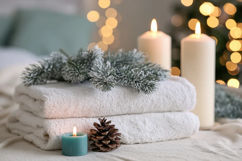 Folded white spa towels stacked on soft surface beside lit candles and pine branches with blurred holiday lights in background