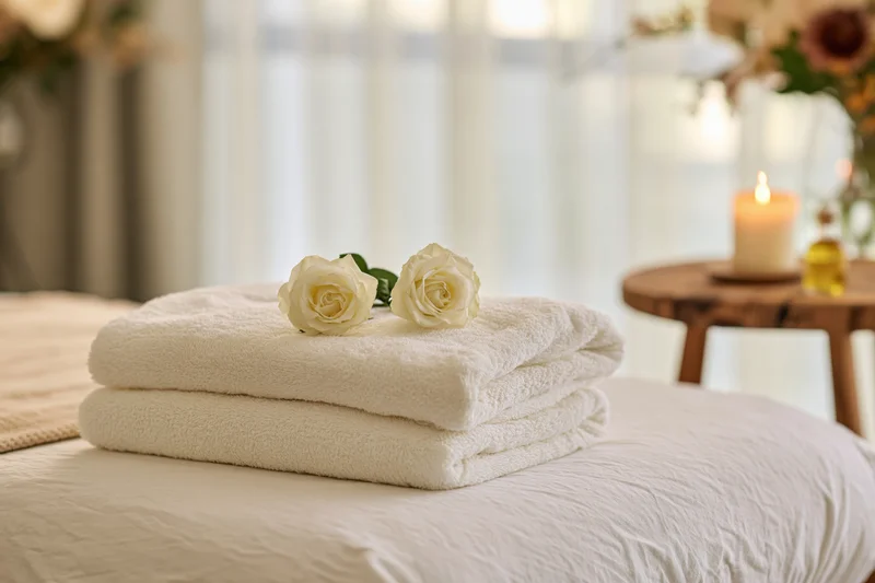 Folded white towel with two white roses on a bed in a spa room