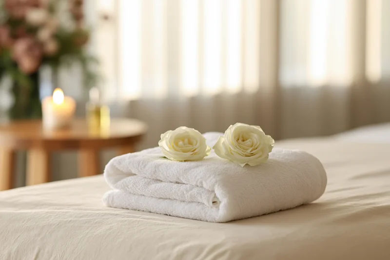 Folded white towel with two white roses on a bed in a spa room
