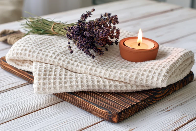 Folded white waffle-weave towel with dried lavender and lit candle on rustic wooden board