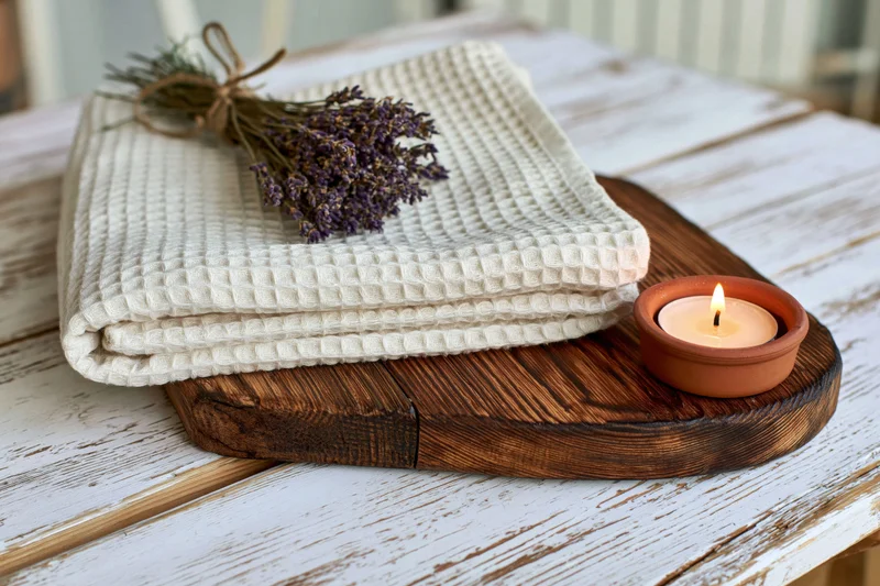 Folded white waffle-weave towel with dried lavender bundle and lit candle on rustic wooden board atop whitewashed table
