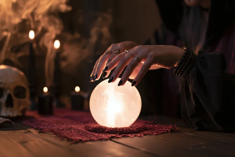 Woman’s hands hovering over a glowing crystal ball on a dark table with candles and a skull nearby