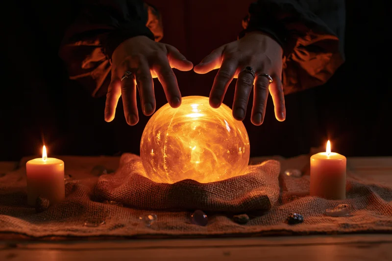 Hands hovering over a glowing crystal ball on a cloth-covered table with candles lit around it