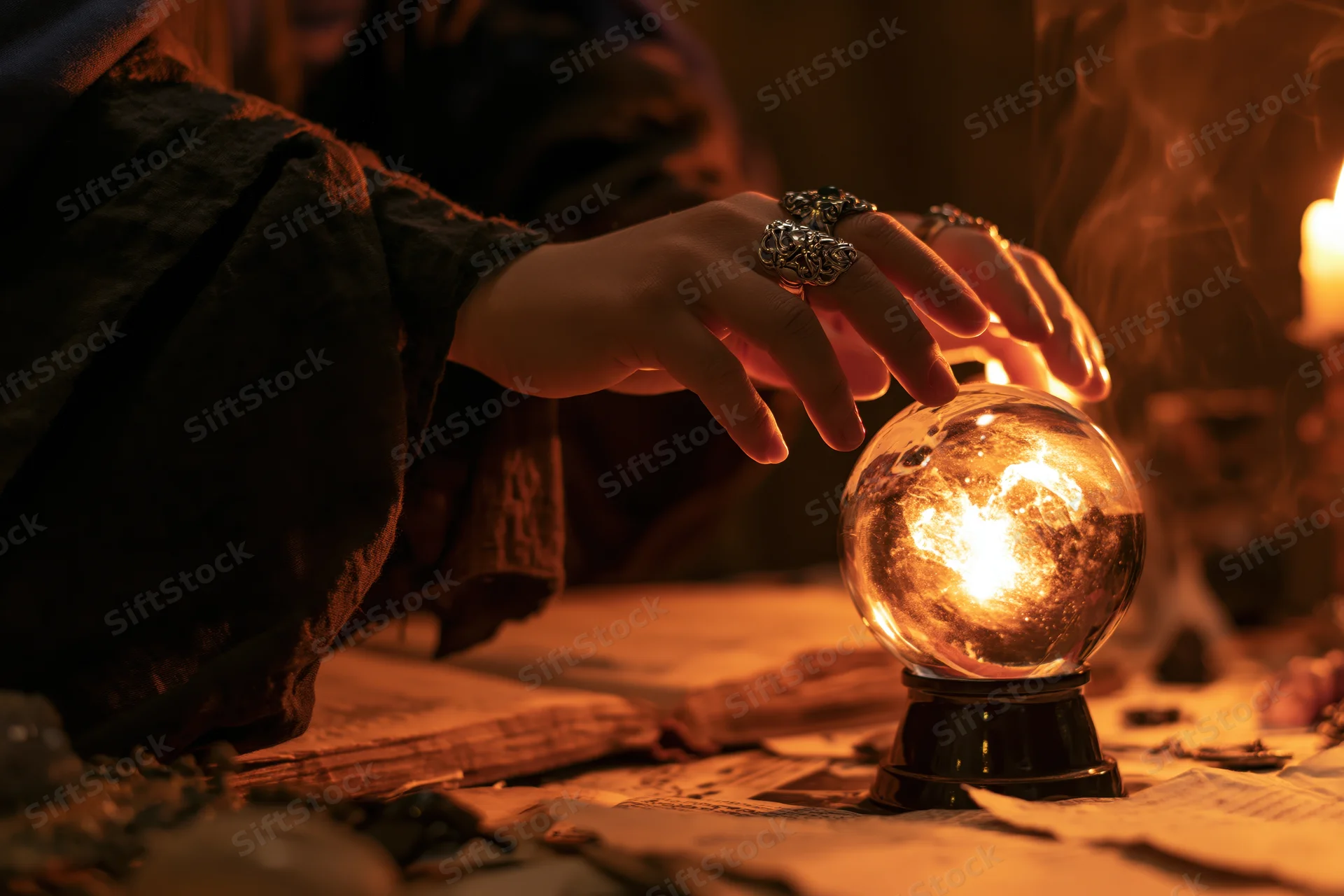 Woman’s hands hovering over glowing crystal ball on a dimly lit table with candles and old books