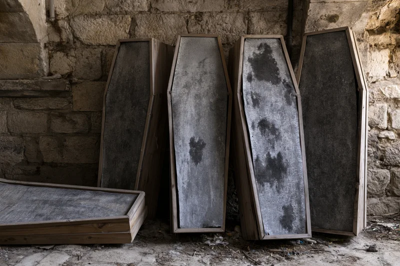 Four aged wooden coffins leaning upright against a weathered stone wall in a dim underground space