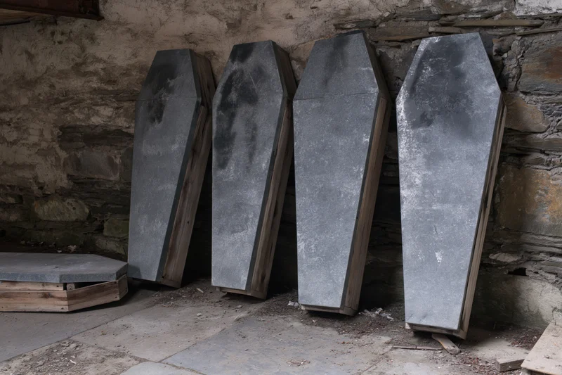 Four gray stone coffins leaning upright against a weathered stone wall in a crypt