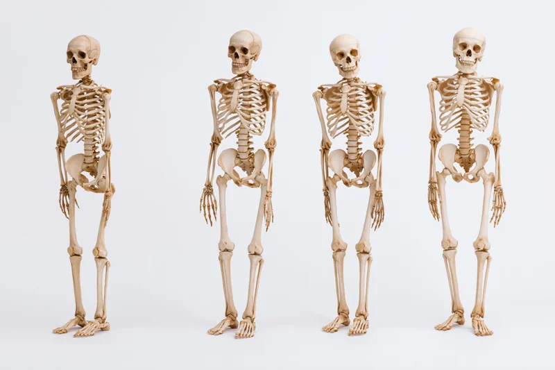 Four anatomical human skeletons standing in different poses against white background