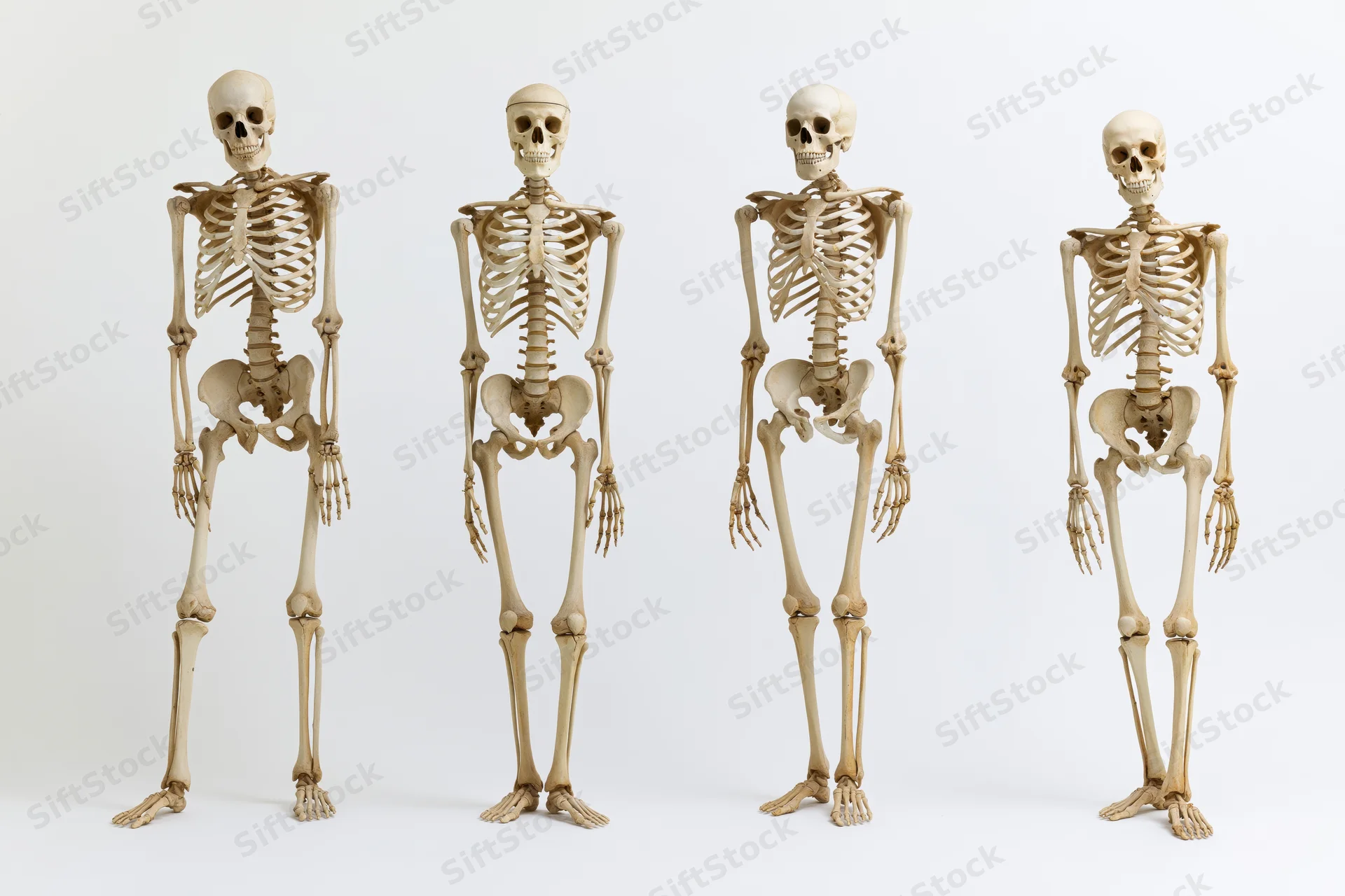 Four anatomical human skeletons standing in different poses against a white background
