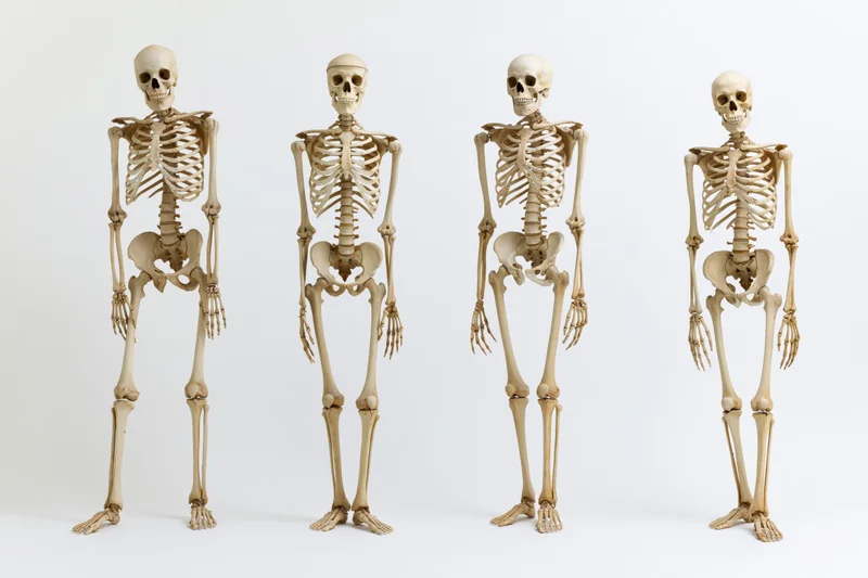 Four anatomical human skeletons standing in different poses against a white background