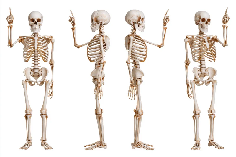 Four anatomical human skeletons in standing poses displayed against white background