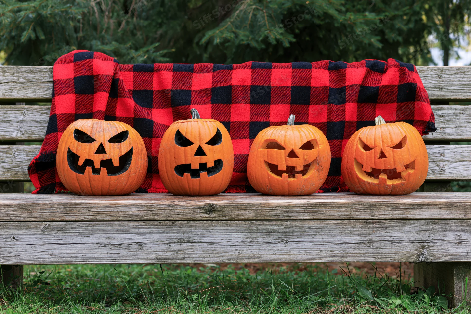 Four carved jack-o-lanterns with different expressions arranged on a wooden bench outdoors with a red and black plaid blanket draped behind them