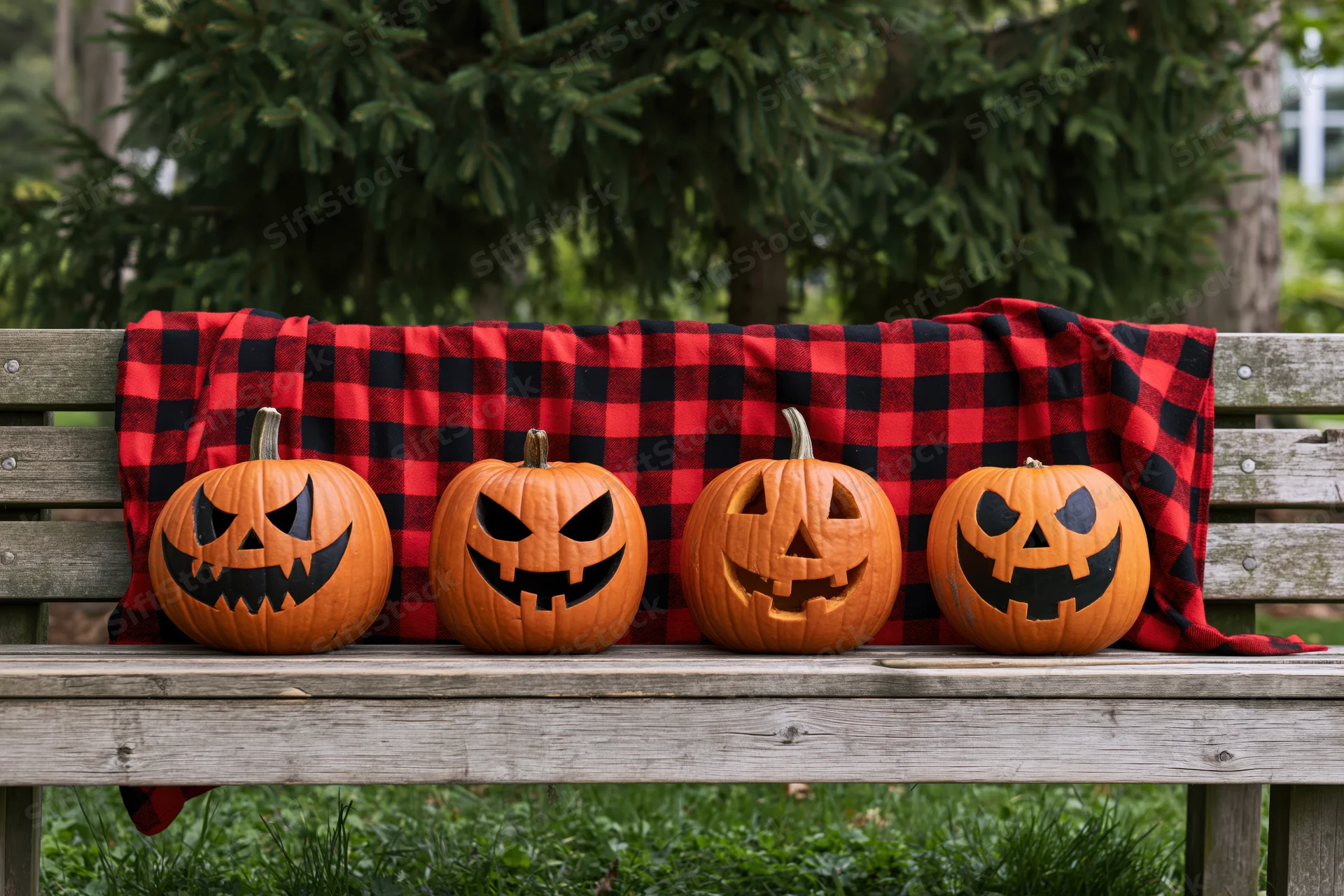 Four carved jack-o-lanterns with different faces arranged in a row on a wooden bench outdoors, draped with a red and black plaid flannel cloth, set against green foliage and grass in a garden setting during daylight