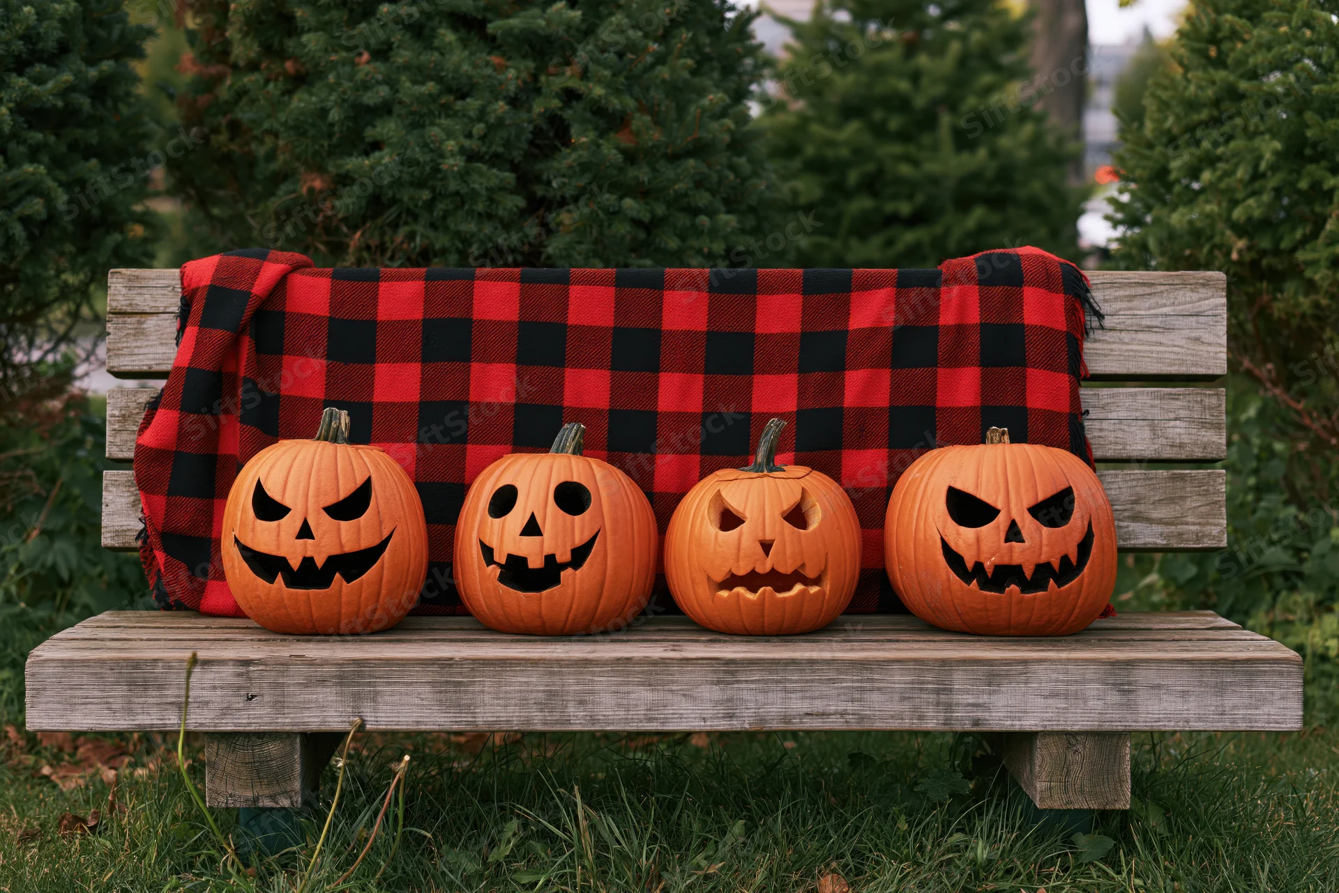 Four carved jack-o-lanterns with different faces arranged on a wooden bench outdoors, draped with a red and black plaid scarf, surrounded by evergreen trees and grass