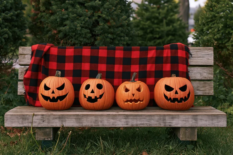 Four carved jack-o-lanterns with different faces arranged on a wooden bench outdoors, draped with a red and black plaid scarf, surrounded by evergreen trees and grass