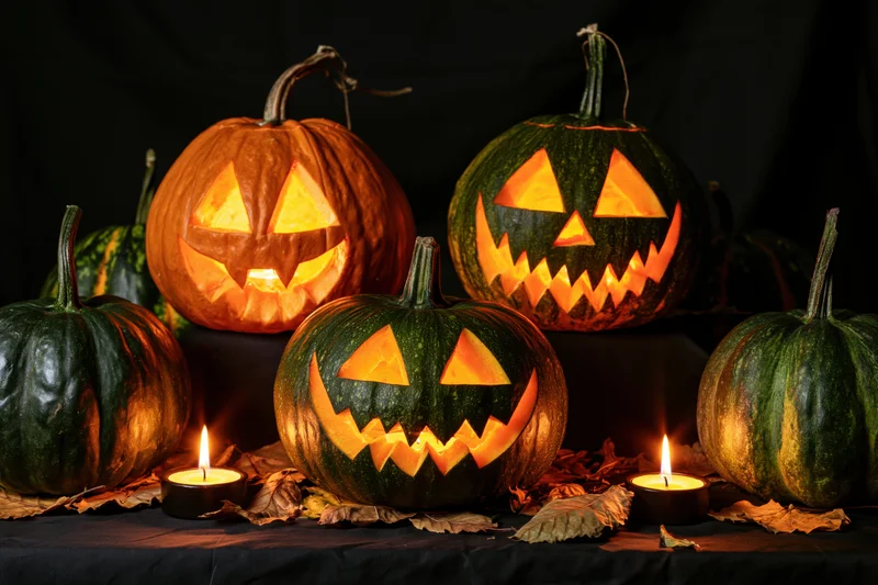 Carved jack-o-lanterns glowing with candles on a dark table surrounded by dried leaves