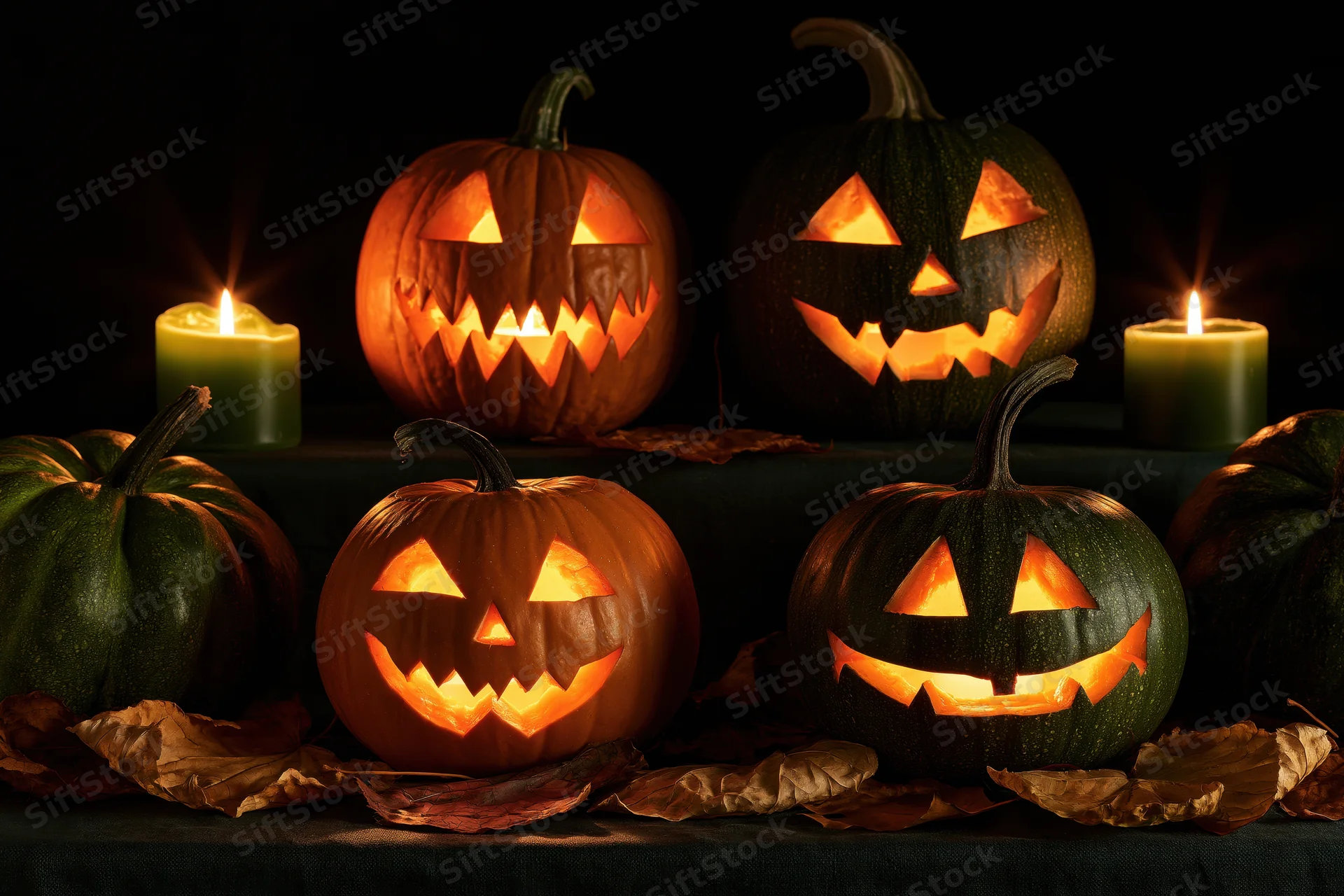 Four carved jack-o-lanterns glowing with candles on a dark table surrounded by dry leaves