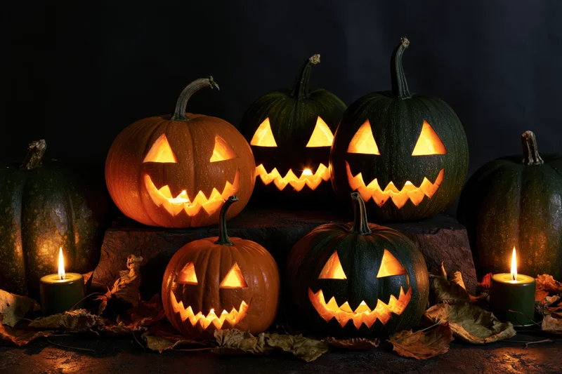 Carved jack-o-lanterns glowing with candles on a dark stone surface surrounded by dried leaves