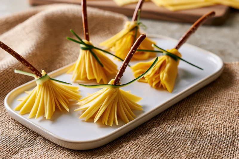 Cheese witch broom appetizers arranged on a white ceramic plate on burlap fabric