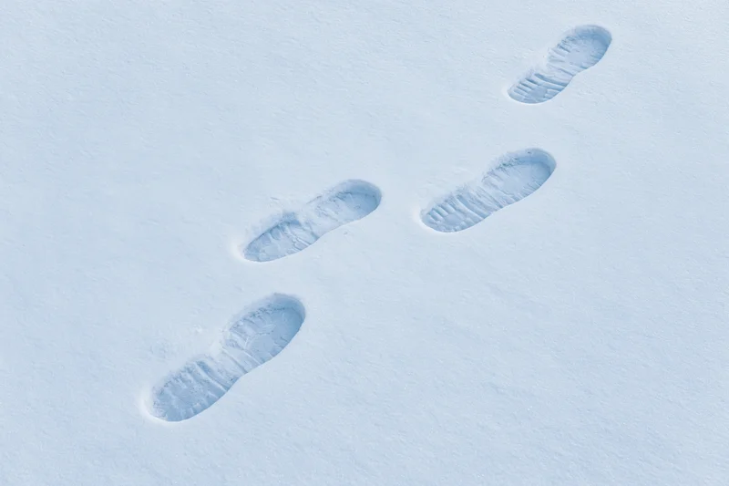 Four human footprints in fresh snow forming a path across a snowy field