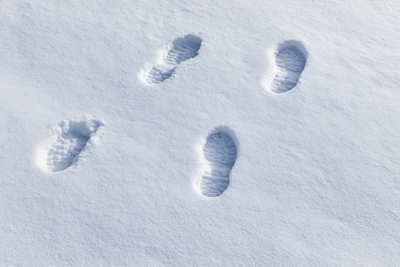Four human footprints in fresh snow forming a path across a snowy field