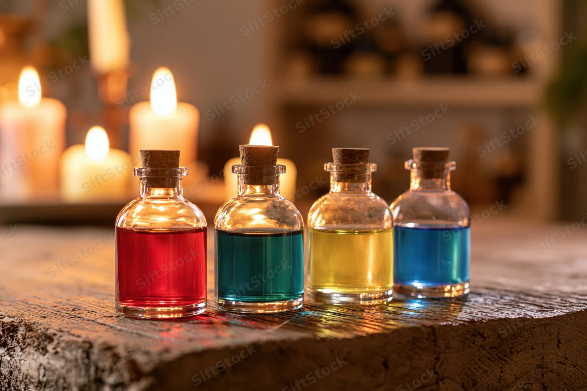 Four glass bottles with colored liquids arranged on a wooden table beside lit candles