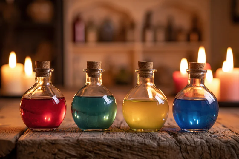 Four glass bottles filled with colorful liquids arranged on a wooden table with candles glowing in the background