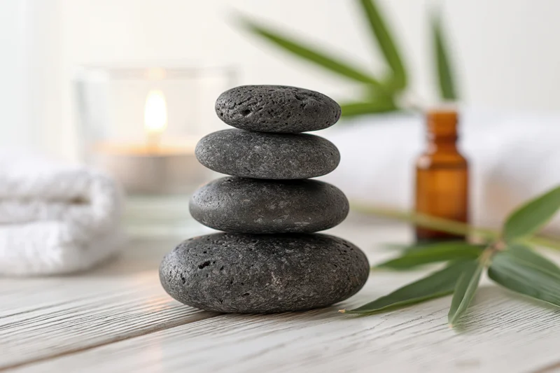 Stacked basalt stones on a wooden table with bamboo, candle, and essential oil bottle in a spa setting