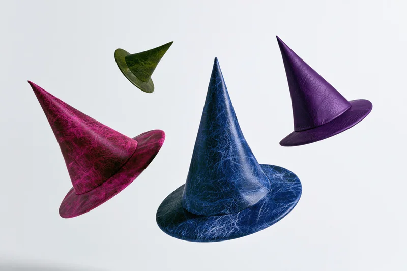 Four witch hats floating in midair against a white background