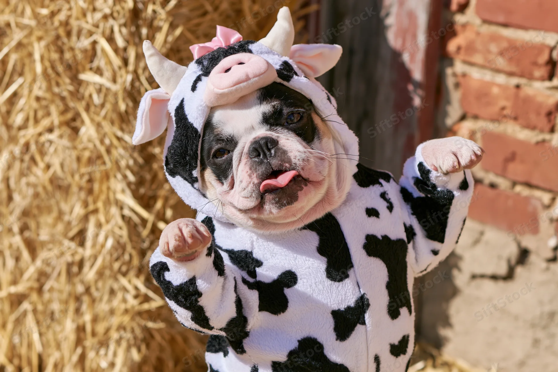 Frenchbulldog in cow costume standing with tongue out near hay bale and brick wall