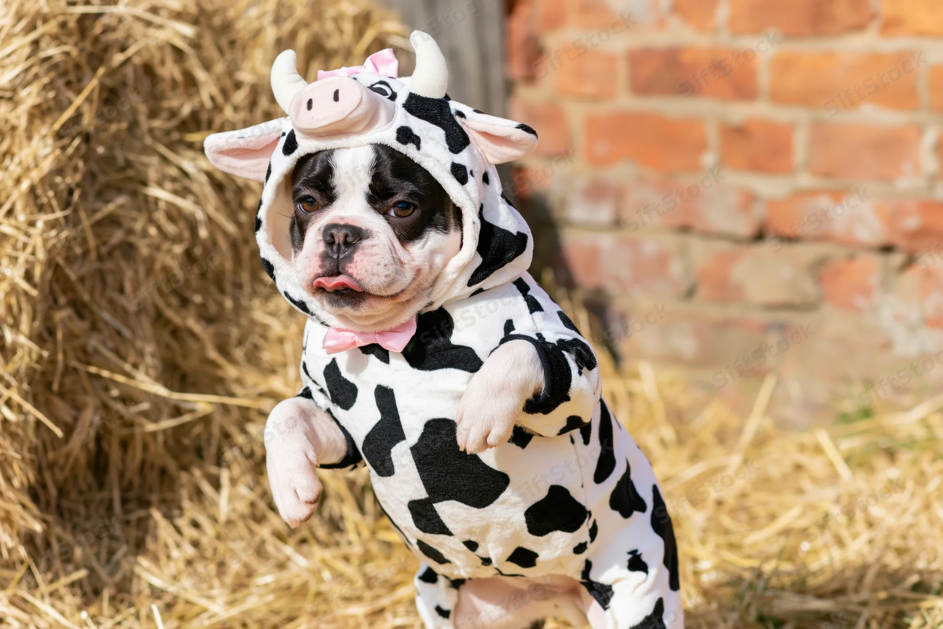 Frenchbulldog in cow costume standing on hay near brick wall