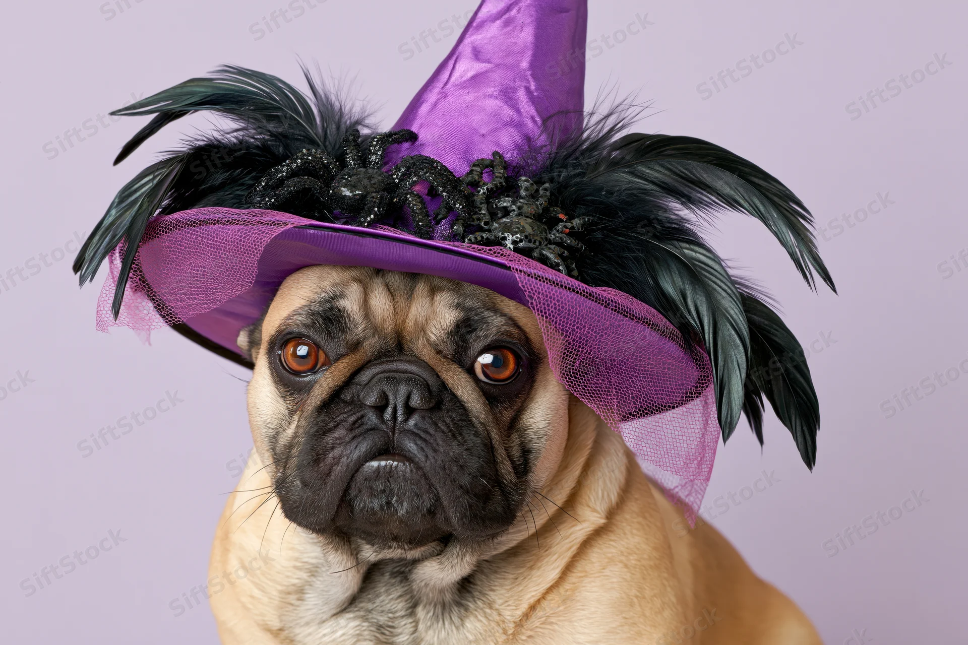 Pug wearing a purple witch hat with feathers and spiders for halloween