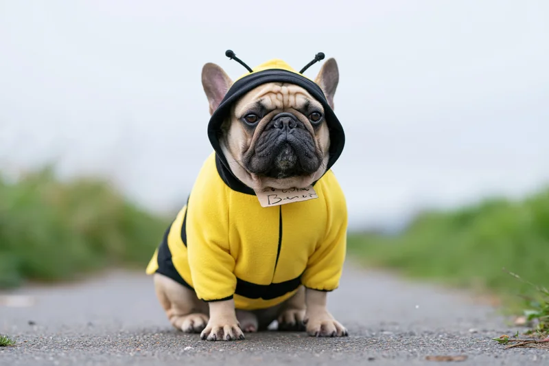 Frenchbulldog in bumblebee costume sitting on paved path outdoors