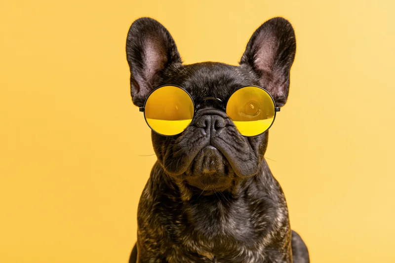 Frenchbulldog wearing round mirrored sunglasses against yellow backdrop