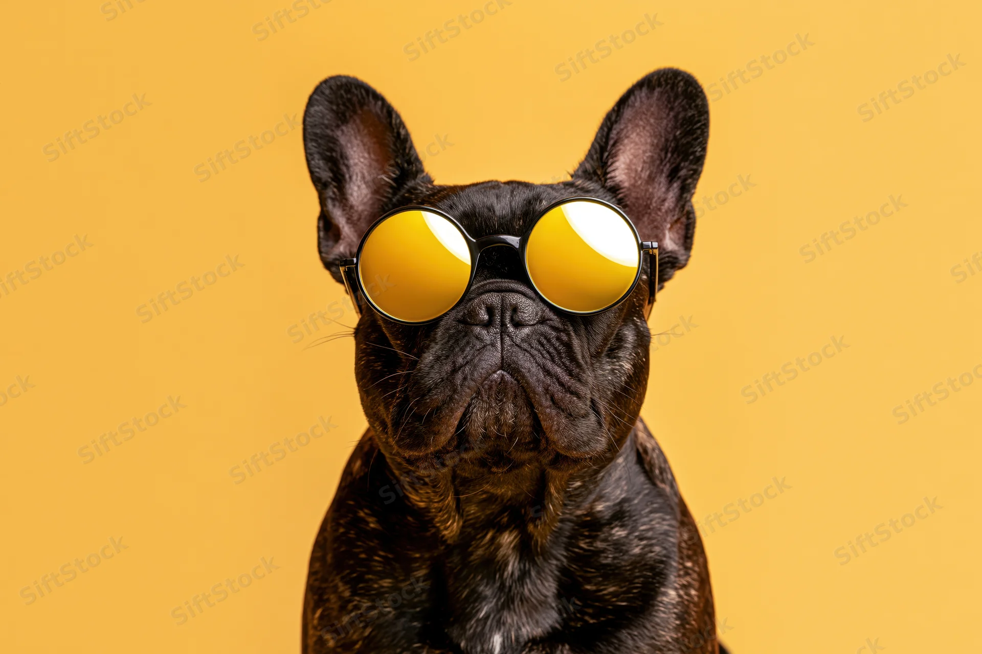 Black french bulldog wearing round yellow mirrored sunglasses in studio portrait against solid yellow background