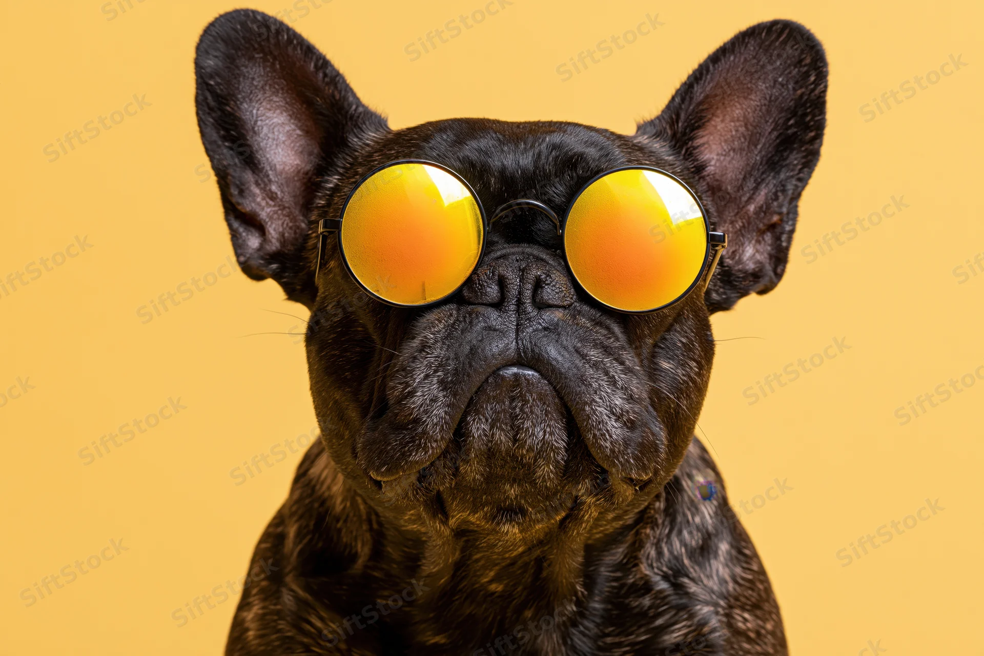 Black french bulldog wearing round yellow mirrored sunglasses in studio portrait against solid yellow background