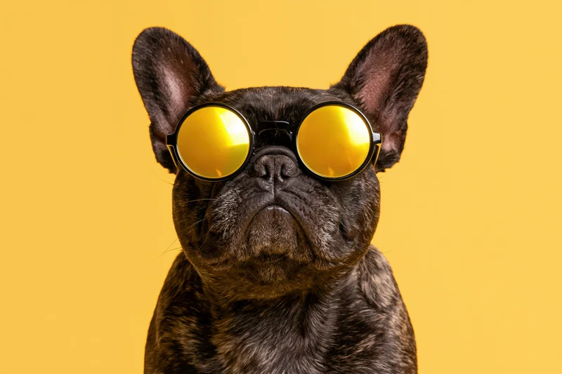 Frenchbulldog wearing round mirrored sunglasses against yellow background