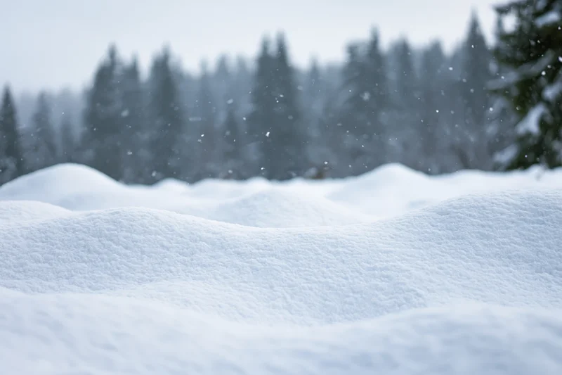 Snowdrifts in a forest landscape with falling snowflakes