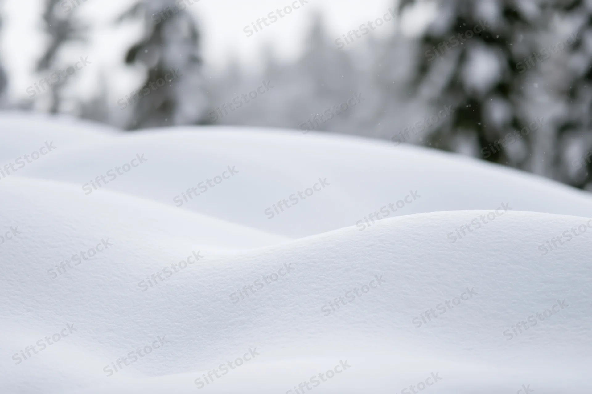 Soft rolling snow mounds in a forested winter landscape