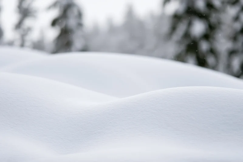 Soft rolling snow mounds in a forested winter landscape