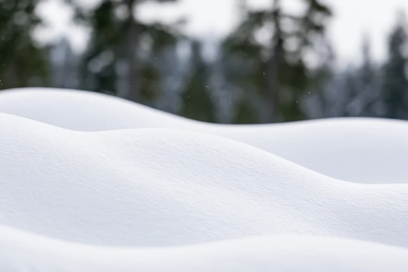 Soft rolling snow drifts in foreground with blurred forest in background