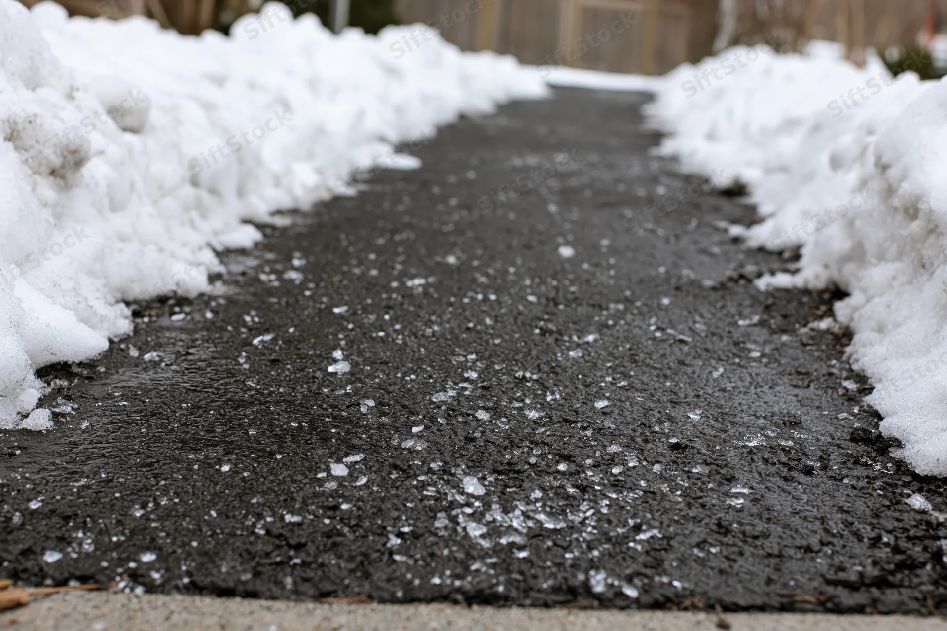 Cleared asphalt driveway path with snowbanks on sides in winter