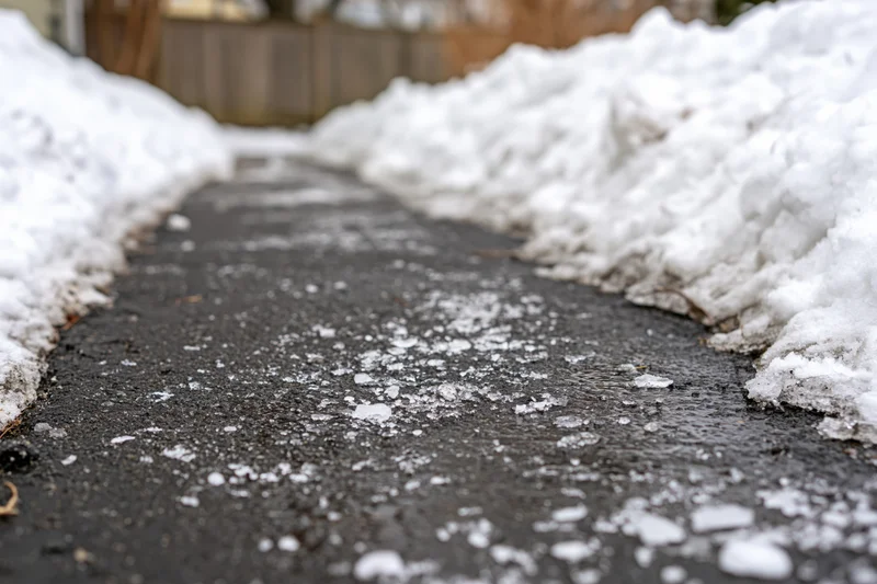 Cleared asphalt driveway path with snow piles on sides and melting ice patches