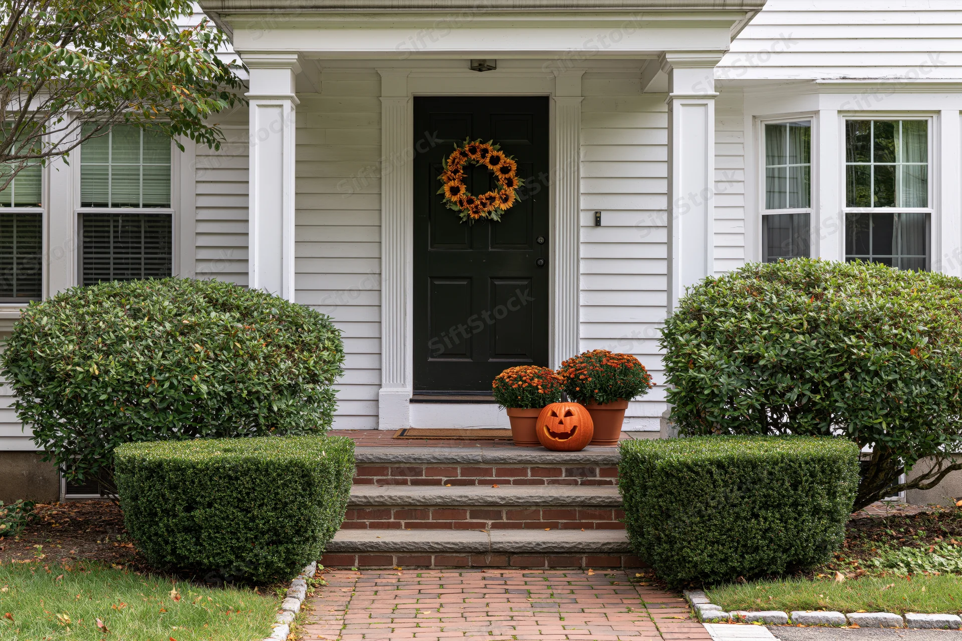 Front porch of a white clapboard suburban home decorated for halloween with a sunflower wreath and carved pumpkin on brick steps