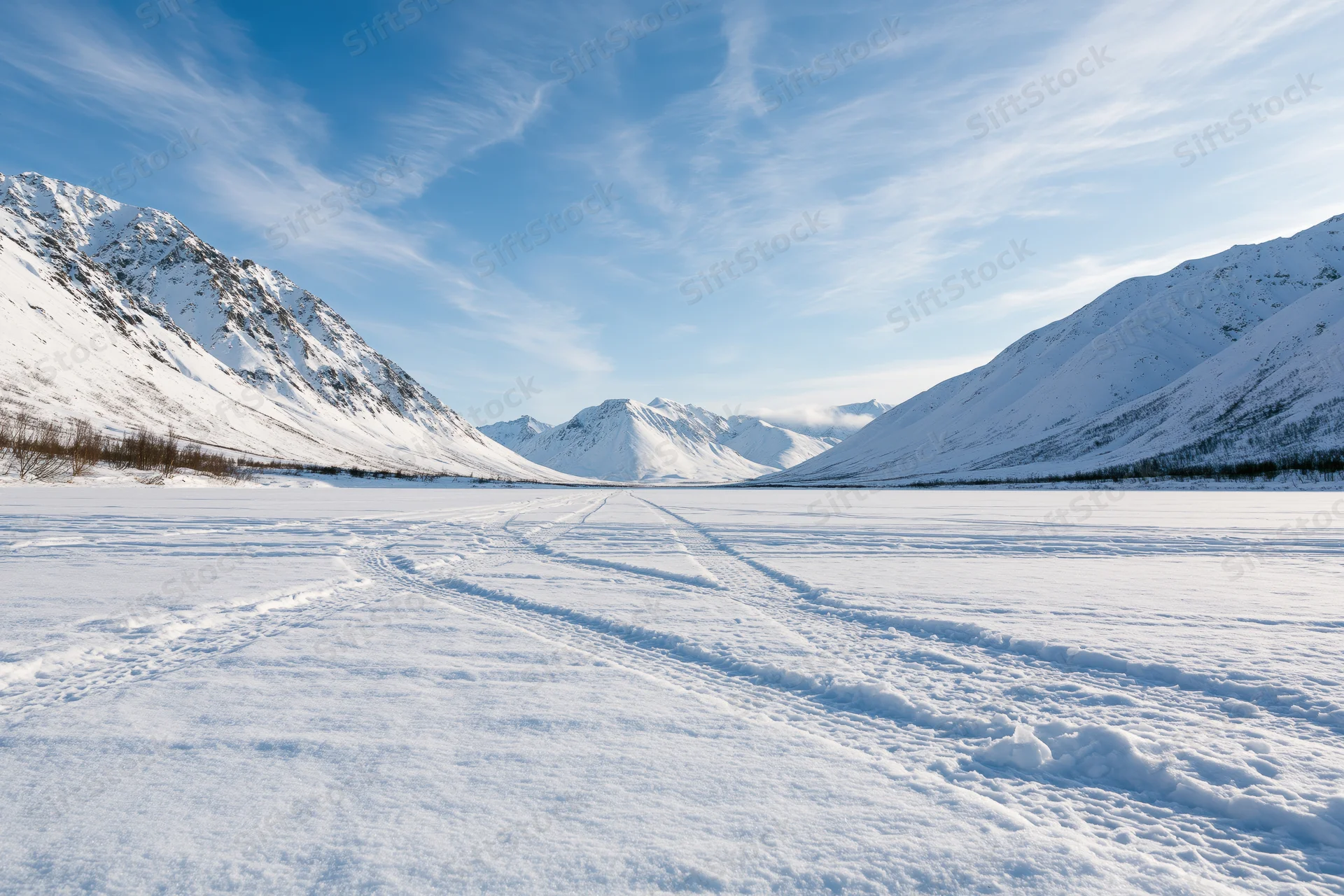 Tire tracks crossing a frozen lake surrounded by snow-covered mountains under a clear blue sky