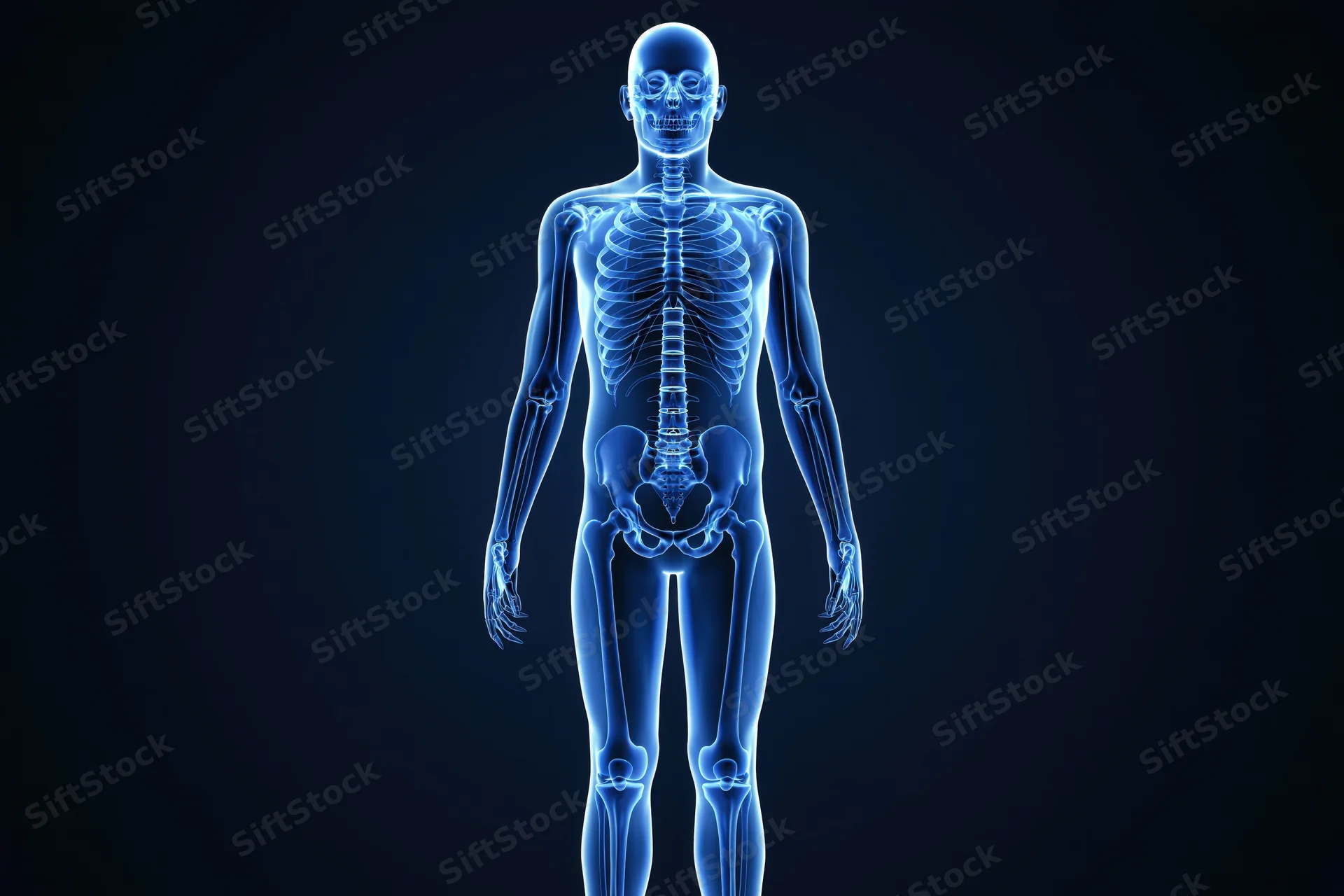Glowing blue x-ray scan of full human skeleton standing against dark background