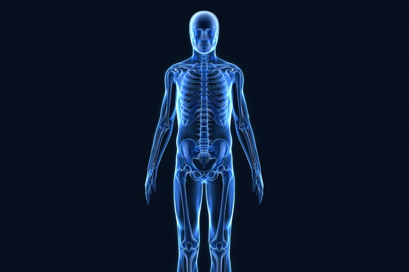 Glowing blue xray scan of full human skeleton against dark background