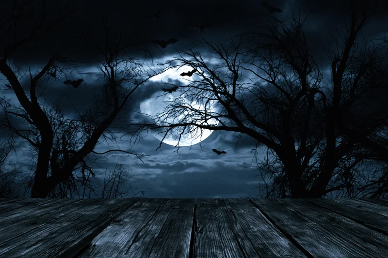 Full moon glowing behind silhouetted bare tree branches with bats flying over a wooden deck at night